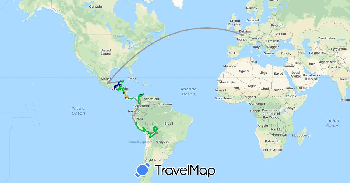 TravelMap itinerary: driving, bus, plane, hiking, boat, hitchhiking, motorbike in Bolivia, Belize, Colombia, Costa Rica, France, Guatemala, Honduras, Mexico, Nicaragua, Panama, Peru (Europe, North America, South America)