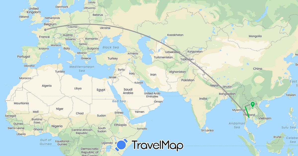 TravelMap itinerary: driving, bus, plane in France, Laos, Thailand (Asia, Europe)